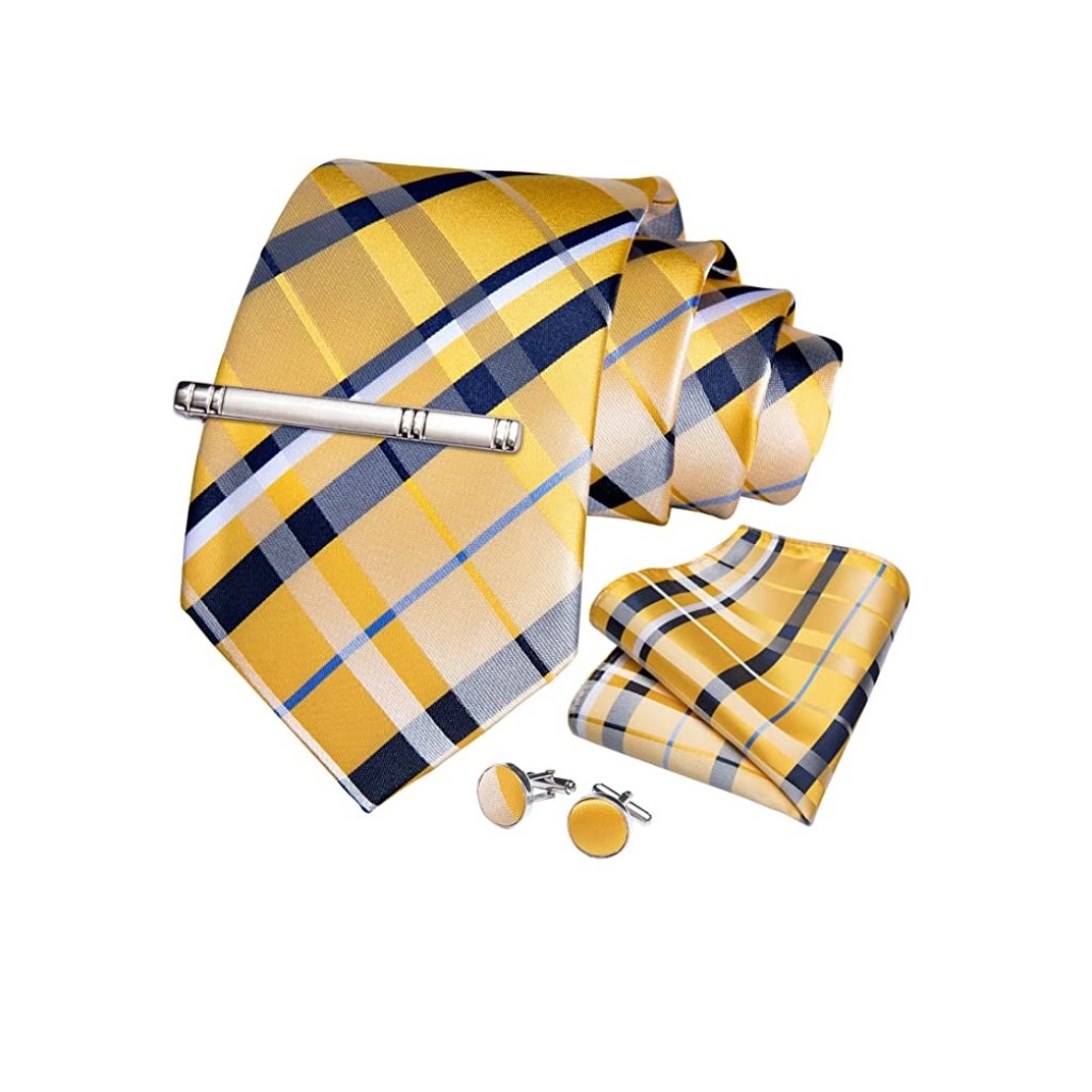 Men's Silk Tie + Pocket Square + Cufflinks + Tie Clip 4 Piece Set